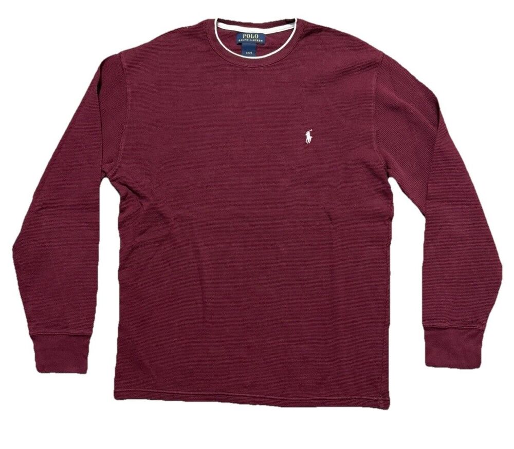 Polo Ralph Lauren Mens Large Shirt Waffle Knit Thermal T Maroon L/S Pull on Logo